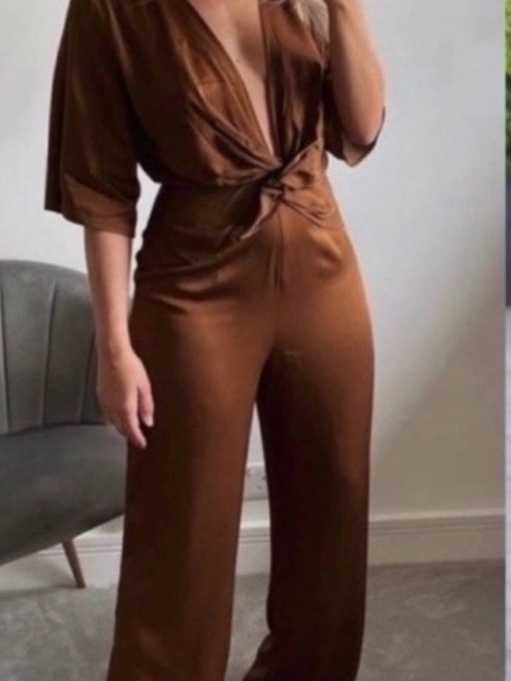 ZARA SZ M Twist-Front Wide-Leg Jumpsuit in Brown NEW